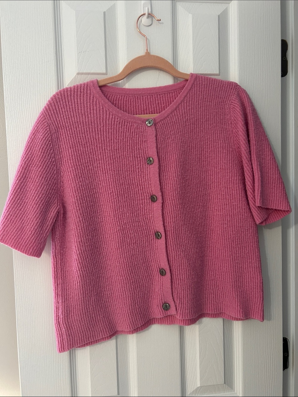 Pink Short-Sleeve Ribbed Button Cardigan